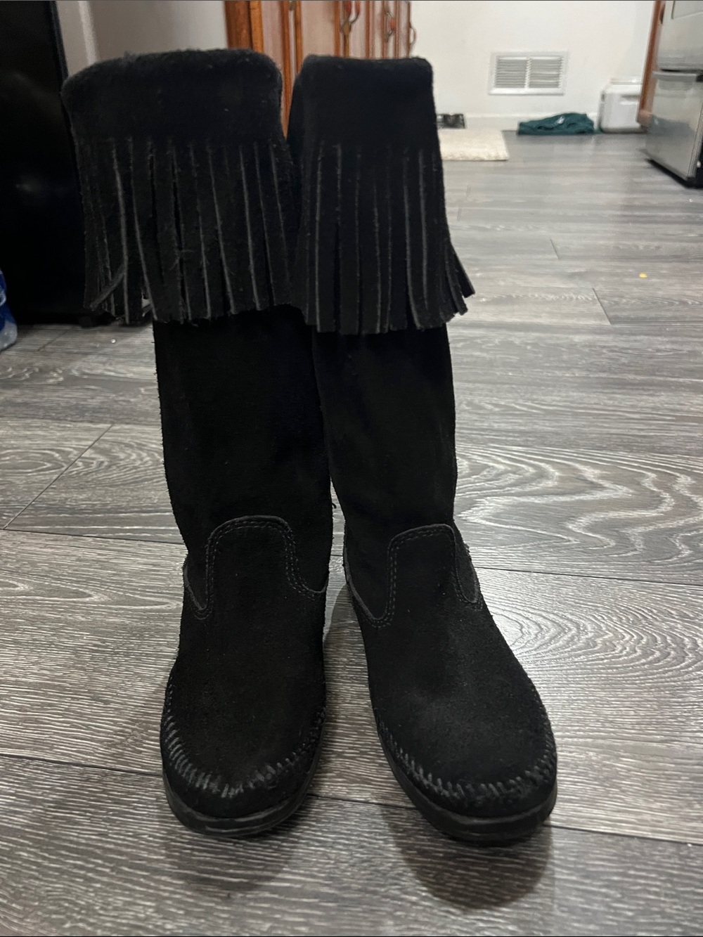 Minnetonka Black Suede Fringe Moccasin Boots